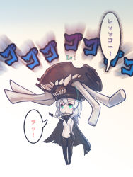 Rule 34 | 10s, 1girl, abyssal ship, bodysuit, cape, chibi, gloves, green eyes, hat, kantai collection, long hair, mana (remana), open mouth, pale skin, silver hair, solo, wo-class aircraft carrier