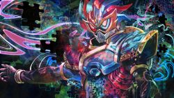 Rule 34 | 1boy, armor, artist name, ashita (llasitall), blue eyes, breastplate, helmet, heterochromia, kamen rider, kamen rider ex-aid (series), kamen rider para-dx, looking at viewer, male focus, outstretched arm, pauldrons, puzzle piece, red eyes, shoulder armor, solo, upper body