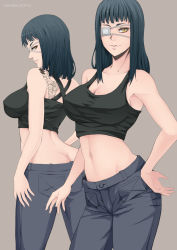 Rule 34 | 1girl, ass, bad id, bad pixiv id, bare shoulders, blue hair, breasts, brown background, butt crack, cleavage, cross, eyepatch, hand on own hip, jormungand (manga), large breasts, long hair, looking at viewer, looking back, navel, simple background, smile, sofia valmer, tank top, tattoo, vasily (run211), yellow eyes