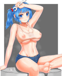 Rule 34 | 1girl, :3, arm up, armpits, bare arms, bare legs, bare shoulders, barefoot, blue eyes, blue hair, blush, breasts, cleavage, collarbone, covered erect nipples, crop top, denim, denim shorts, feet, groin, highres, kawashiro nitori, large breasts, navel, nekoda (maoda), nipples, see-through, short shorts, shorts, sitting, soles, solo, stomach, sweat, tank top, touhou, twintails, two side up, underboob, wet, wet clothes