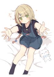 Rule 34 | 1girl, :o, absurdres, bad id, bad pixiv id, bed sheet, black shirt, black socks, blush, braid, green eyes, hair ornament, hairclip, heart, highres, long hair, low twintails, mafuyu (chibi21), original, outstretched arms, overall skirt, parted lips, reaching, reaching towards viewer, shirt, short sleeves, sitting, sketch, socks, solo, stuffed animal, stuffed cat, stuffed toy, twin braids, twintails, very long hair, white background