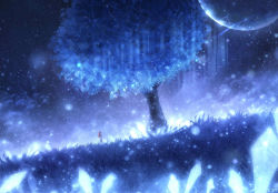 1girl blue_theme blurry commentary czy_(2894456992) dark dress dutch_angle female_focus full_moon grass highres light light_particles long_hair moon night night_sky original red_hair scenery signature size_difference sky solo star_(sky) starry_sky tree