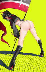 Rule 34 | 1girl, absurdres, ass, azur lane, bent over, bikini, black footwear, black hair, boots, closed mouth, commentary request, cropped jacket, earrings, flag, full body, green background, hair ornament, hairclip, high heel boots, high heels, highres, holding, holding flag, horns, jewelry, kafeifeifeifeifeifei jiemo jun, legs apart, long sleeves, medium hair, red horns, simple background, solo, swimsuit, thong bikini, ulrich von hutten (azur lane), ulrich von hutten (ignition matrician) (azur lane), yellow eyes