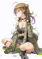 Rule 34 | 1girl, ahoge, autism wanderer, bad id, bad pixiv id, bandaid, bandaid on face, bandaid on knee, bandaid on leg, between breasts, black choker, black dress, black footwear, black gloves, blush, bow, breasts, brown hair, bullpup, camouflage, camouflage coat, choker, cleavage, closed mouth, coat, commentary, dirty, dog tags, dress, fingerless gloves, frown, full body, fur trim, girls&#039; frontline, gloves, green bow, green coat, green eyes, green legwear, gun, hair bow, hair bun, highres, holding, holding weapon, jacket, long hair, mary janes, medium breasts, multicolored hair, off shoulder, open clothes, open coat, rfb (girls&#039; frontline), shadow, shoes, short dress, simple background, single hair bun, sitting, sleeveless, sleeveless dress, socks, solo, striped clothes, striped legwear, striped socks, tearing up, two-tone hair, vertical-striped clothes, vertical-striped socks, weapon, white background
