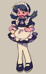 Rule 34 | 1girl, alternate costume, apron, black dress, black footwear, blush, bottle, clenched hand, commentary request, creatures (company), dress, earrings, enmaided, full body, game freak, highres, holding, holding bottle, jewelry, kris (pokemon), long hair, looking down, maid, maid headdress, milk bottle, moomoo milk, nintendo, ok ko19, open mouth, pantyhose, pokemon, pokemon adventures, shoes, short dress, short sleeves, solo, sweatdrop, tongue, twintails, waist apron, white apron, white pantyhose