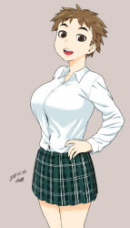 Rule 34 | 1girl, breasts, brown eyes, brown hair, commentary request, dated, eyebrows, green skirt, grey background, hand on own hip, image sample, large breasts, looking at viewer, open mouth, original, plaid, plaid skirt, pleated skirt, shirt, short hair, skirt, solo, tsukudani (coke-buta), tumblr sample, very short hair
