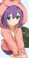 Rule 34 | 1girl, animal hood, blue background, blush, closed mouth, green eyes, hair between eyes, highres, hood, hood up, hoodie, idolmaster, idolmaster million live!, idolmaster million live! theater days, inuyama nanami, long sleeves, looking at viewer, medium hair, miniskirt, mochizuki anna, pink hoodie, purple hair, purple skirt, simple background, sitting, skirt, smile, solo, sweater, yellow sweater