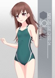 Rule 34 | 1girl, alternate breast size, artist name, brown eyes, brown hair, character name, checkered background, commentary request, competition swimsuit, cowboy shot, flat chest, gradient background, green one-piece swimsuit, highres, inaba shiki, kantai collection, long hair, looking at viewer, one-hour drawing challenge, one-piece swimsuit, ooi (kancolle), solo, swimsuit, thigh gap