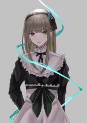 Rule 34 | 1boy, :o, akitama2727, apron, arms behind back, black dress, brown hair, dress, green eyes, gretel (sinoalice), grey background, hair between eyes, headband, highres, long hair, long sleeves, looking at viewer, maid, maid apron, open mouth, simple background, sinoalice, solo, trap