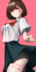 Rule 34 | 1girl, black skirt, blush, body writing, breasts, brown hair, closed mouth, collared shirt, commentary request, cowboy shot, dydydyok, from side, grey shirt, heart, highres, large breasts, looking at viewer, looking to the side, original, pink background, red eyes, red neckwear, school uniform, shirt, short hair, short sleeves, simple background, skirt, smile, solo, thighs, translation request