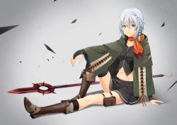 Rule 34 | 1girl, black socks, boots, bridal gauntlets, brown footwear, capelet, closed mouth, collarbone, eyelashes, fingernails, green capelet, green eyes, grey background, grey hair, grey skirt, highres, light particles, looking at viewer, navel, noro assumed, orange ribbon, orange scarf, original, polearm, pouch, ribbon, scarf, sitting, skirt, smile, socks, spear, thigh strap, weapon