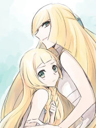 Rule 34 | 2girls, bare shoulders, blonde hair, braid, closed mouth, commentary request, creatures (company), dress, eyelashes, game freak, green eyes, light smile, lillie (pokemon), long hair, looking at viewer, looking to the side, lusamine (pokemon), mother and daughter, multiple girls, nintendo, ochi (lokun), parted lips, pokemon, pokemon sm, sketch, sleeveless, sleeveless dress, twin braids