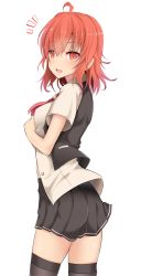 Rule 34 | 10s, 1girl, ahoge, arashi (kancolle), black thighhighs, cowboy shot, from side, kantai collection, kerchief, looking at viewer, looking to the side, messy hair, miniskirt, open clothes, open shirt, open vest, pleated skirt, red eyes, red hair, school uniform, shirt, short hair, skirt, solo, surprised, takeyuu, thighhighs, undressing, vest, zettai ryouiki