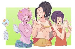 Rule 34 | 10s, 4girls, ashido mina, audio jack, black hair, black sclera, blush, boku no hero academia, breasts, collarbone, colored sclera, colored skin, female focus, gloves, hagakure tooru, horns, invisible, invisible girl, jirou kyouka, jk amlove, large breasts, long hair, looking at another, medium breasts, multiple girls, navel, one eye closed, open mouth, pink hair, pink skin, ponytail, purple hair, short hair, simple background, small breasts, smile, sweat, tan, tanline, undressing, yaoyorozu momo, yellow eyes