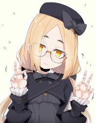 Rule 34 | 1girl, back bow, beret, black dress, black hat, blonde hair, bow, closed mouth, commentary request, doll joints, double w, dress, glasses, hands up, hat, hat bow, head tilt, highres, joints, long hair, long sleeves, looking at viewer, low twintails, ogami kazuki, orange eyes, original, parted bangs, puffy long sleeves, puffy sleeves, round eyewear, sleeves past wrists, solo, thick eyebrows, twintails, upper body, w, yellow eyes