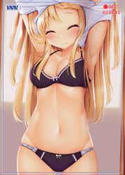 Rule 34 | 1girl, armpits, arms up, bare shoulders, black bra, black panties, blonde hair, blush, bow, bow bra, bow panties, bra, breasts, cleavage, closed eyes, closed mouth, collarbone, commentary request, cowboy shot, facing viewer, highres, kin-iro mosaic, kujou karen, long hair, medium breasts, minato ojitan, navel, panties, recording, shirt, solo, underwear, underwear only, undressing, very long hair, white shirt