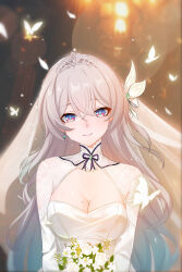 Rule 34 | 1girl, alternate costume, blue eyes, blue pupils, bouquet, bow, breasts, bridal veil, bug, butterfly, chinese commentary, cleavage, commentary request, dress, earrings, firefly (honkai: star rail), flower, glowing butterfly, gradient hair, green hair, hair between eyes, hair bow, hair ornament, holding, holding bouquet, honkai: star rail, honkai (series), insect, jewelry, large breasts, long hair, looking at viewer, m78 zaitaoaotezhanshi, mole, mole on breast, multicolored hair, purple eyes, see-through, see-through veil, smile, solo, straight-on, tiara, upper body, veil, wedding, wedding dress, white bow, white butterfly, white dress, white hair, white tiara, white veil