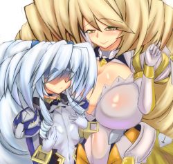 Rule 34 | 2girls, age difference, aqua hair, blonde hair, blush, breast envy, breasts, cleavage, female focus, flat chest, huge breasts, kyoukaisenjou no horizon, long hair, mature female, mother and daughter, multiple girls, nate mitotsudaira, smile, turenne, very long hair, yamaneko ken