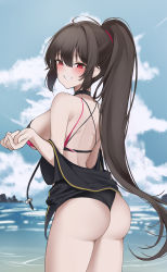 Rule 34 | 1girl, absurdres, ass, bare back, bikini, black bikini, black jacket, blue sky, blush, breasts, brown hair, cloud, cowboy shot, criss-cross back-straps, from side, grin, hair between eyes, haku (liiixixixiii), hand up, highres, iris yuma, jacket, large breasts, long hair, looking at viewer, median furrow, ocean, off shoulder, open clothes, open jacket, outdoors, ponytail, red eyes, sidelocks, sky, smile, solo, soulworker, standing, swimsuit, thighs, very long hair