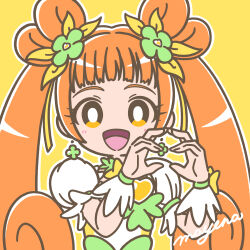 Rule 34 | 1girl, absurdres, blush, bow, bright pupils, brooch, brown hair, choker, clover hands, cure rosetta, dokidoki! precure, double bun, earrings, flower, four-leaf clover earrings, green choker, hair bun, hair flower, hair ornament, heart, heart brooch, highres, jewelry, long hair, looking at viewer, magical girl, mayena, open mouth, orange eyes, outline, precure, ribbon, signature, simple background, smile, solo, twintails, upper body, waist bow, white outline, white pupils, wrist cuffs, yellow background, yotsuba alice