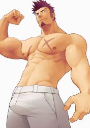 Rule 34 | 1boy, abs, bara, biceps, blue eyes, brown hair, bulge, closed mouth, facial hair, fate/grand order, fate (series), flexing, goatee, hidora art, highres, large pectorals, looking at viewer, male focus, muscular, muscular male, napoleon bonaparte (fate), navel, nipples, pants, pectorals, scar, scar on chest, short hair, simple background, smile, solo, topless male, white background, white pants