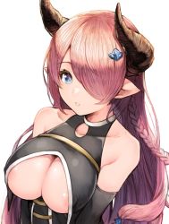 Rule 34 | 1girl, areola slip, bad id, bad twitter id, bare shoulders, blue eyes, braid, breasts, cleavage, cleavage cutout, clothing cutout, collarbone, covered collarbone, covered erect nipples, elbow gloves, gloves, granblue fantasy, hair over one eye, horns, koretsuki azuma, large breasts, light purple hair, long hair, looking at viewer, narmaya (granblue fantasy), parted lips, pointy ears, simple background, solo, upper body, white background