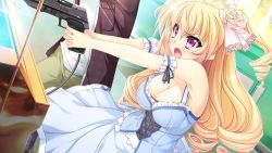 Rule 34 | 1girl, arcade, bare shoulders, blonde hair, blush, breasts, cleavage, dress, drill hair, game cg, girls be ambitious!, gun, hair ornament, large breasts, long hair, misasagi elena, open mouth, pink eyes, standing, tears, tongue, weapon