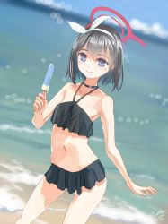 Rule 34 | 1girl, absurdres, beach, bikini, black bikini, black hair, blue archive, blurry, bokeh, bow, bow hairband, cowboy shot, dated, depth of field, dutch angle, food, frilled bikini, frills, hairband, halo, highres, holding, holding food, lam flow, laminar flow, light blush, light smile, looking at viewer, mashiro (blue archive), mashiro (swimsuit) (blue archive), midriff, navel, no wings, outdoors, popsicle, purple eyes, short hair, signature, solo, swimsuit, water, white bow, white hairband, winged halo