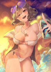 Rule 34 | 1girl, :d, anis (nikke), anis (sparkling summer) (nikke), bare shoulders, bikini, blush, breasts, can, cleavage, eyewear on head, fake nails, goddess of victory: nikke, highres, holding, holding can, jacket, jewelry, large breasts, light brown hair, mask bikini, nail polish, necklace, off-shoulder jacket, off shoulder, official alternate costume, open mouth, orange jacket, orange nails, orange sky, pink-tinted eyewear, short hair, side-tie bikini bottom, sky, smile, solo, string bikini, sunglasses, swimsuit, synonym xxxx, tinted eyewear, water, wet, white bikini, yellow eyes