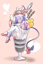 Rule 34 | 1girl, absurdres, blush, bow, cup, demon tail, demon wings, dress, food, heart, high heels, highres, hood, horns, in container, in cup, in food, last period, looking at viewer, mini person, minigirl, open mouth, pekenpon, pink background, purple eyes, purple hair, red bow, shoes, solo, tail, tail bow, tail ornament, thighhighs, wings
