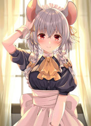 Rule 34 | 1girl, animal ears, apron, arm up, backlighting, black dress, blush, bow, bowtie, braid, brown bow, brown ribbon, closed mouth, commentary request, curtains, day, dress, frilled apron, frills, grey hair, hair between eyes, hair bow, hair ribbon, hand on own ear, indoors, izayoi sakuya, kemonomimi mode, long hair, looking at viewer, maid, maid apron, maid headdress, mouse ears, puffy short sleeves, puffy sleeves, red eyes, revision, ribbon, short hair, short sleeves, smile, solo, sunlight, touhou, transparent, twin braids, waist apron, white apron, window, wrist cuffs, yellow bow, yellow bowtie, yellow ribbon, yuuka nonoko