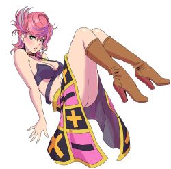 Rule 34 | 1girl, ass, bandeau, bare arms, bare shoulders, black skirt, blush, boots, breasts, brown footwear, checkered clothes, checkered skirt, choker, cleavage, commentary request, full body, green eyes, high heel boots, high heels, highres, jojo no kimyou na bouken, knee boots, knees up, looking at viewer, medium breasts, midriff, multicolored hair, navel, parted lips, pink hair, pink lips, pink skirt, purple hair, short hair, simple background, single strap, skirt, sleeveless, solo, stomach, streaked hair, thighs, trish una, vento aureo, white background, yamashita shun&#039;ya