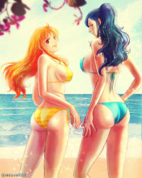 Rule 34 | 2girls, ass, bare arms, bare shoulders, beach, bikini, black hair, breasts, cloud, female focus, height difference, high ponytail, huge ass, large breasts, long hair, looking back, multiple girls, nami (one piece), nico robin, ocean, one piece, orange hair, outdoors, ponytail, sand, sky, swimsuit, thighs, water