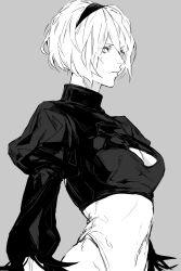 Rule 34 | 1girl, absurdres, breasts, cleavage cutout, closed mouth, clothing cutout, commentary, feather trim, grey background, greyscale, hair ornament, hairband, highres, leotard, long sleeves, medium breasts, monochrome, nier:automata, nier (series), nishiii26miii, puffy sleeves, short hair, simple background, solo, upper body, 2b (nier:automata)