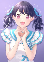 Rule 34 | 1girl, absurdres, badge, black hair, blue nails, blue ribbon, button badge, commentary request, fangs, flying sweatdrops, fukumaru koito, hair ribbon, heart, heart hands, highres, hijiri (sacra 0419), idolmaster, idolmaster shiny colors, looking at viewer, nail polish, open mouth, purple background, purple eyes, ribbon, sailor collar, shirt, skin fangs, solo, twintails, upper body, white shirt
