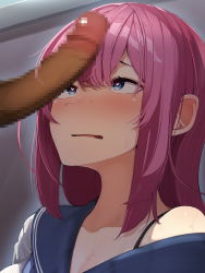 Rule 34 | 1girl, blush, censored, erection, hair between eyes, hanazawa suou, heart, heart-shaped pupils, hetero, highres, imminent penetration, instant loss, looking up, mosaic censoring, nervous, original, penis, penis awe, penis on face, penis on head, pink hair, pink hair girl (hanazawa suou), school uniform, symbol-shaped pupils, tagme
