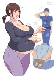 Rule 34 | 1girl, 2boys, :d, arms behind back, artist name, big belly, black shirt, blue pants, blue shirt, bound, bound wrists, breasts, brown eyes, brown hair, cameltoe, cleavage, cleft of venus, dated, flying sweatdrops, hat, large breasts, leggings, looking at another, mature female, multiple boys, open mouth, original, outie navel, pants, police, police uniform, policewoman, ponytail, pregnant, salute, shirt, simple background, smile, solo focus, uniform, white background, yoga pants, zheng