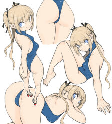 1girl ass barefoot blonde_hair blue_eyes blue_leotard breasts dead_or_alive dead_or_alive_5 full_body high_heels highleg highleg_leotard highres leotard long_hair looking_at_viewer marie_rose multiple_views sitting small_breasts smile top-down_bottom-up toshinoshin