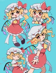 Rule 34 | ascot, black footwear, blonde hair, blue background, bright pupils, commentary request, crystal, flandre scarlet, four of a kind (touhou), hat, hat ribbon, highres, medium hair, mob cap, one side up, ramudia (lamyun), red eyes, red ribbon, red skirt, ribbon, short sleeves, simple background, skirt, socks, touhou, white headwear, white pupils, white socks, wings, yellow ascot