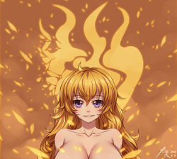 Rule 34 | 1girl, 2016, ahoge, bad id, bad pixiv id, blonde hair, blue eyes, blush, breasts, cleavage, dated, embers, female focus, fire, large breasts, long hair, looking at viewer, nude, purple eyes, rwby, smile, solo, upper body, yang xiao long, zerg309