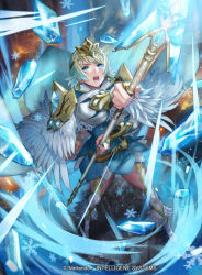 Rule 34 | armor, blonde hair, blue eyes, blue hair, cape, crown, earrings, feather trim, fire emblem, fire emblem cipher, fire emblem heroes, fjorm (fire emblem), gradient hair, ice, jewelry, multicolored hair, nintendo, official art, p-nekor, polearm, shoulder armor, spear, thighhighs, weapon