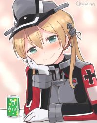 Rule 34 | 1girl, ahenn, aqua eyes, blonde hair, blush, breasts, drunk, gloves, hair between eyes, hand on own cheek, hand on own face, hat, kantai collection, long hair, long sleeves, low twintails, medium breasts, military, military uniform, peaked cap, prinz eugen (kancolle), smile, solo, twintails, twitter username, uniform, white gloves