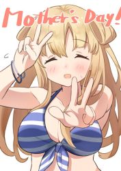 Rule 34 | ^ ^, bikini, bikini top only, blonde hair, breasts, closed eyes, double bun, double v, fletcher (kancolle), hair bun, kantai collection, large breasts, long hair, mother&#039;s day, sanninme no haru, simple background, smile, swimsuit, v