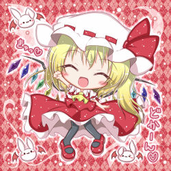 Rule 34 | 1girl, :3, arm up, bat wings, blonde hair, blush, chibi, closed eyes, crescent moon, crystal, flandre scarlet, hat, komakoma (magicaltale), long hair, moon, open mouth, pantyhose, rabbit head, red background, ribbon, smile, touhou, wings