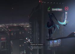 Rule 34 | 1girl, black thighhighs, blouse, building, city, city lights, cityscape, coca-cola, grey shirt, hatsune miku, highres, long hair, na-gredmin, nay akane, night, outdoors, rooftop, scenery, shirt, solo, standing, thighhighs, twitter username, very long hair, visa, vocaloid