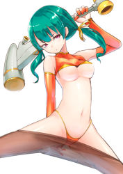 Rule 34 | 1girl, breasts, character request, clothes pull, detached sleeves, green hair, hair ribbon, highleg, highleg panties, long hair, looking at viewer, maeda risou, navel, panties, pantyhose, pantyhose pull, red eyes, ribbon, simple background, solo, twintails, underboob, underwear, weapon, white background
