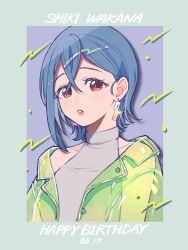 Rule 34 | 1girl, blue hair, border, character name, commentary request, crossed bangs, dated, earrings, green border, green jacket, grey shirt, hair between eyes, happy birthday, highres, jacket, jewelry, kisaragi yuu (fallen sky), looking at viewer, love live!, love live! superstar!!, open clothes, open jacket, parted lips, portrait, purple background, red eyes, red lips, see-through, see-through jacket, shirt, short hair, solo, turtleneck, turtleneck shirt, upper body, wakana shiki