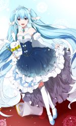 Rule 34 | 1girl, :d, absurdres, blue eyes, blue footwear, blue hair, bow, breasts, detached collar, detached sleeves, diadem, dress, dutch angle, floating hair, full body, hair between eyes, hatsune miku, high heels, highres, kneehighs, layered dress, long hair, long sleeves, looking at viewer, open mouth, pumps, rabbit yukine, sleeveless, sleeveless dress, small breasts, smile, so ra 01 02, socks, solo, standing, strapless, strapless dress, striped, striped sleeves, twintails, vertical stripes, very long hair, vocaloid, white bow, white sleeves, white socks, yuki miku