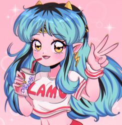 Rule 34 | 1990s (style), 1girl, absurdres, blue hair, blush, breasts, bubble background, can, chellyko, clothes writing, collarbone, demon girl, demon horns, drink, drink can, drinking straw, earrings, fang, headband, highres, holding, horns, jewelry, lightning bolt earrings, lightning bolt symbol, long hair, looking at viewer, lum, medium breasts, midriff, navel, open mouth, pepsi, pink background, pointy ears, red shorts, retro artstyle, shirt, short sleeves, shorts, smile, soda, soda can, sparkle, standing, urusei yatsura, w, white shirt, wristband, yellow eyes