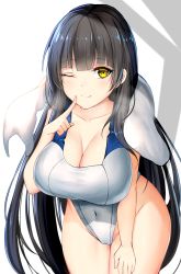 Rule 34 | 1girl, black hair, blush, breasts, chixiao, cleavage, competition swimsuit, covered navel, cowboy shot, girls&#039; frontline, highres, large breasts, leaning forward, long hair, one-piece swimsuit, one eye closed, smile, solo, swimsuit, thighs, type 95 (girls&#039; frontline), yellow eyes
